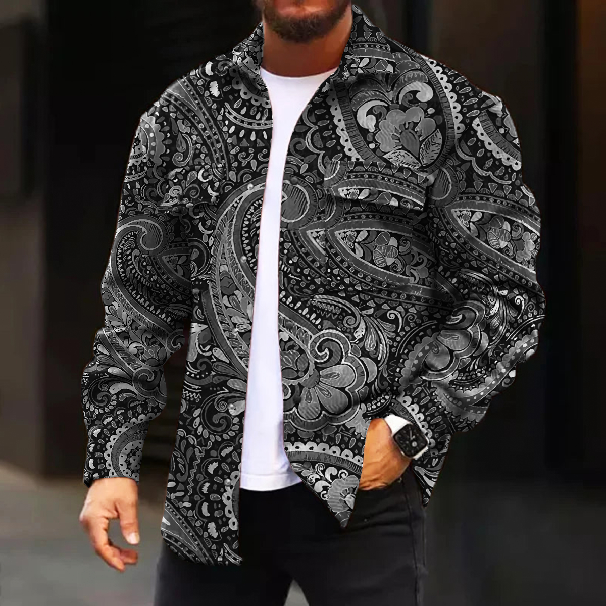 Men's Casual Jacket Fashion Art Paisley Printed Long Sleeve Pocket Jacket