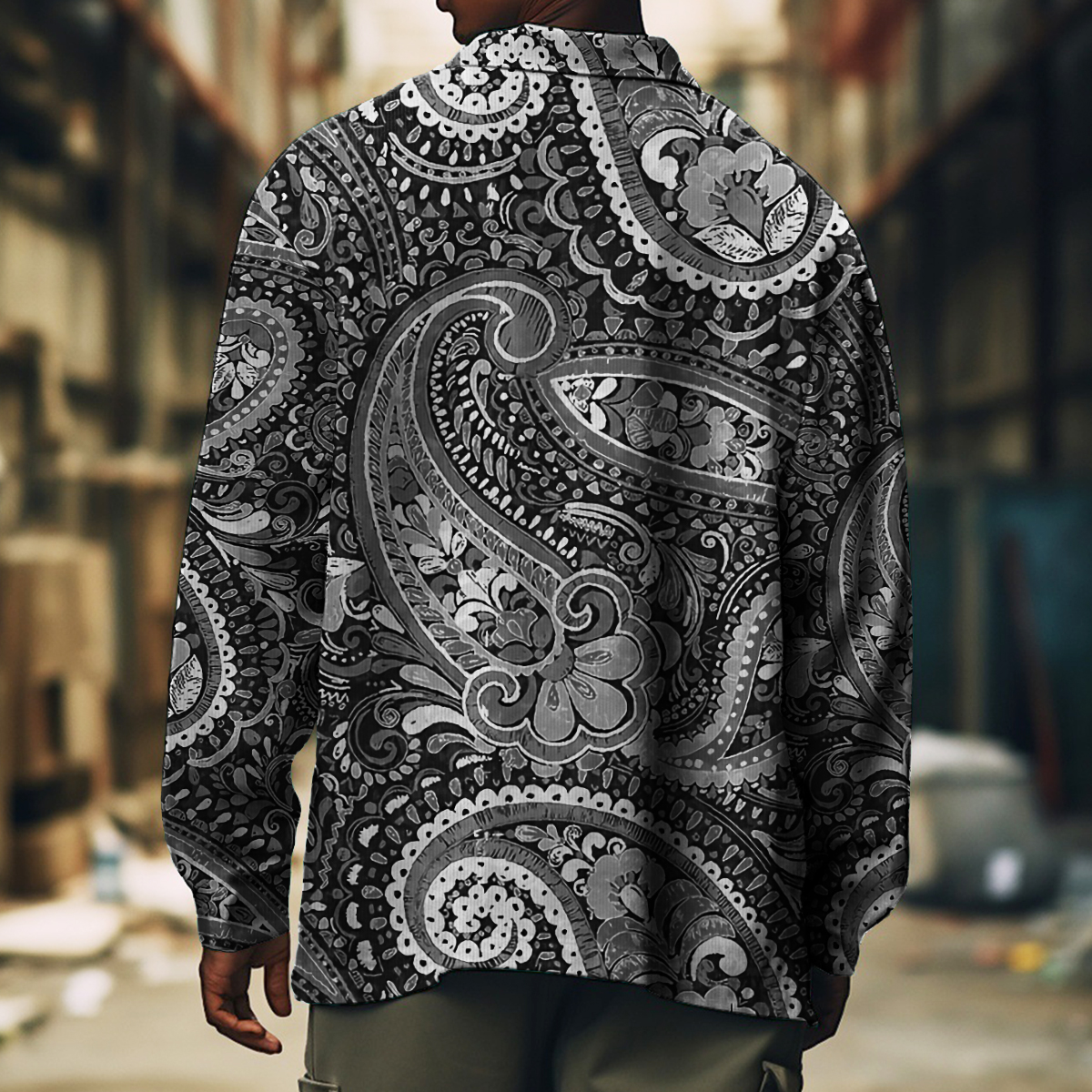 Men's Casual Jacket Fashion Art Paisley Printed Long Sleeve Pocket Jacket