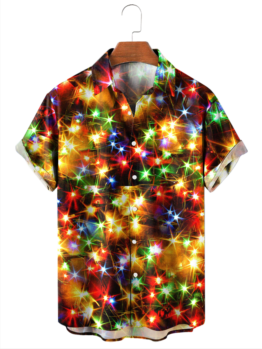 Christmas Gold Neon Men's Short Sleeve Shirts Stretch Plus Size Drama Costume Button Shirts