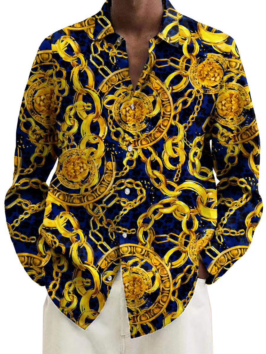 Stylish Golden Lion Baroque Print Long Sleeve Hawaiian Shirt