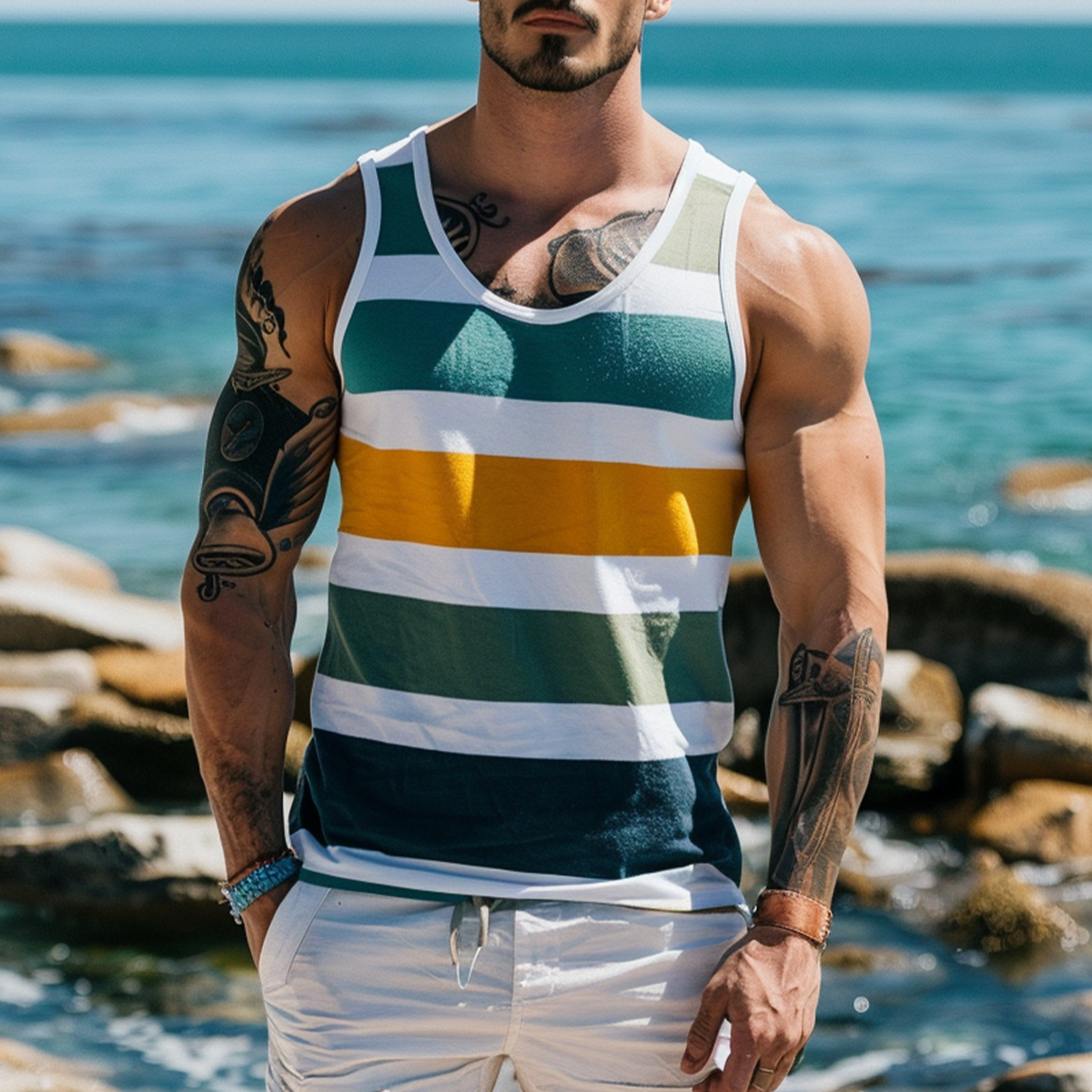 Men's Vacation Tank Top Stripes Crew Neck Muscle Tee