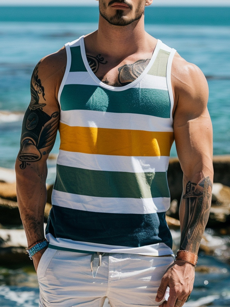 Men's Vacation Tank Top Stripes Crew Neck Muscle Tee