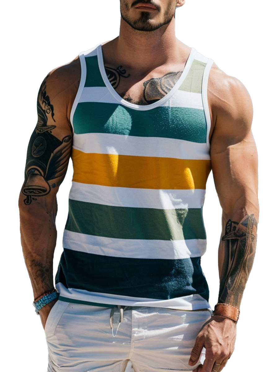 Men's Vacation Tank Top Stripes Crew Neck Muscle Tee