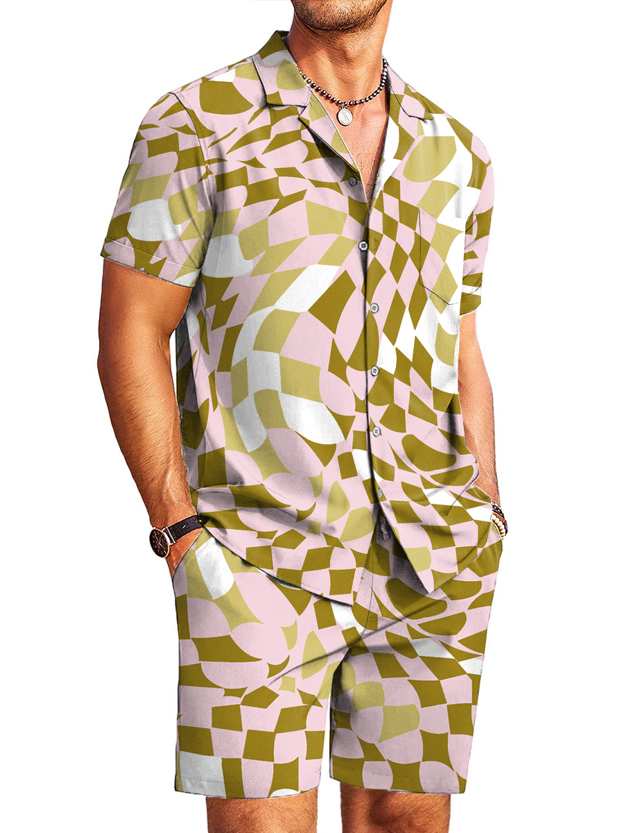 Men's Sets Hawaiian Stylish Geometry Print Button Pocket Two-Piece Shirt Shorts Set