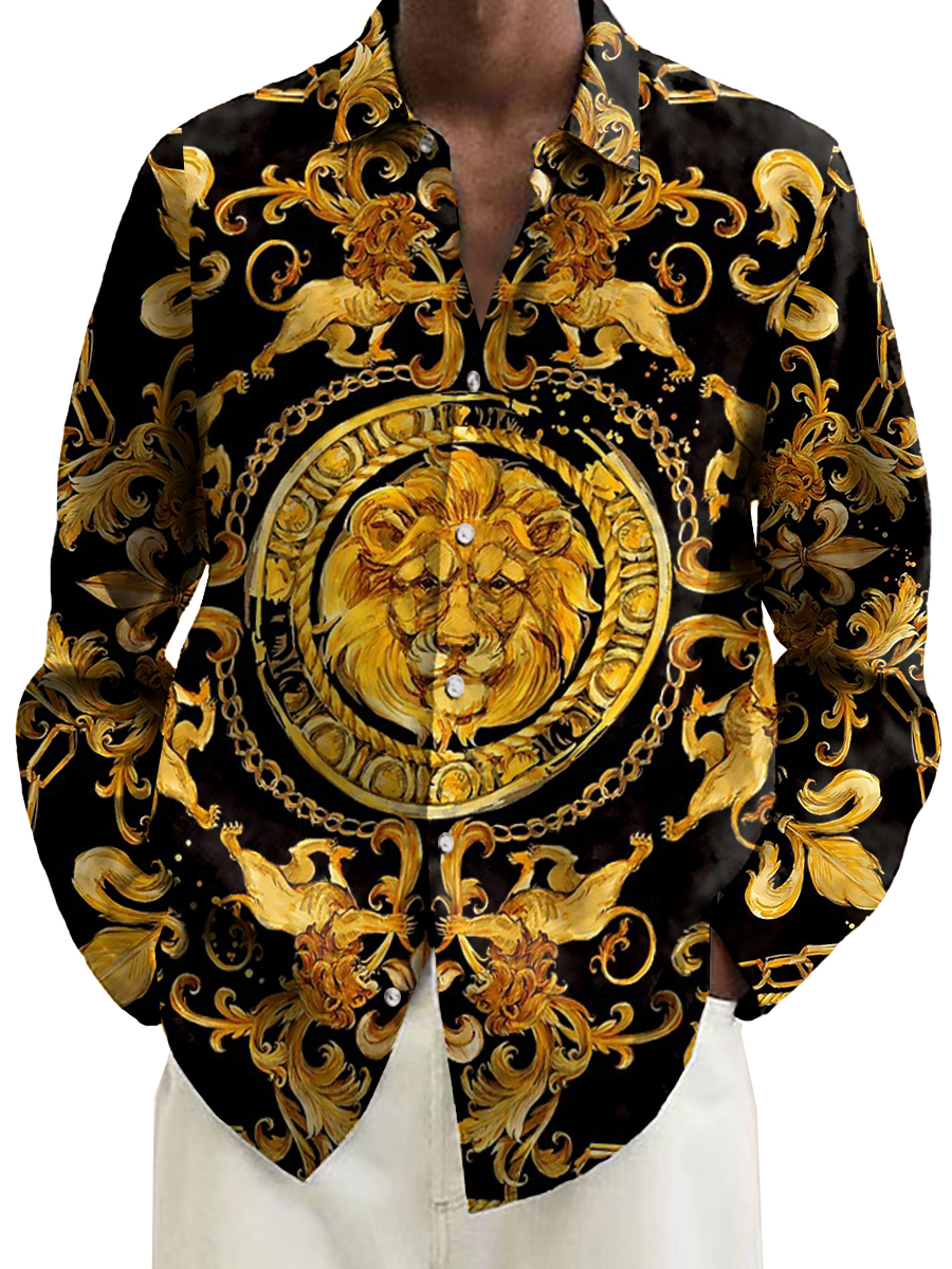 Vintage Golden Lion Baroque Print Long Sleeve Hawaiian Shirt