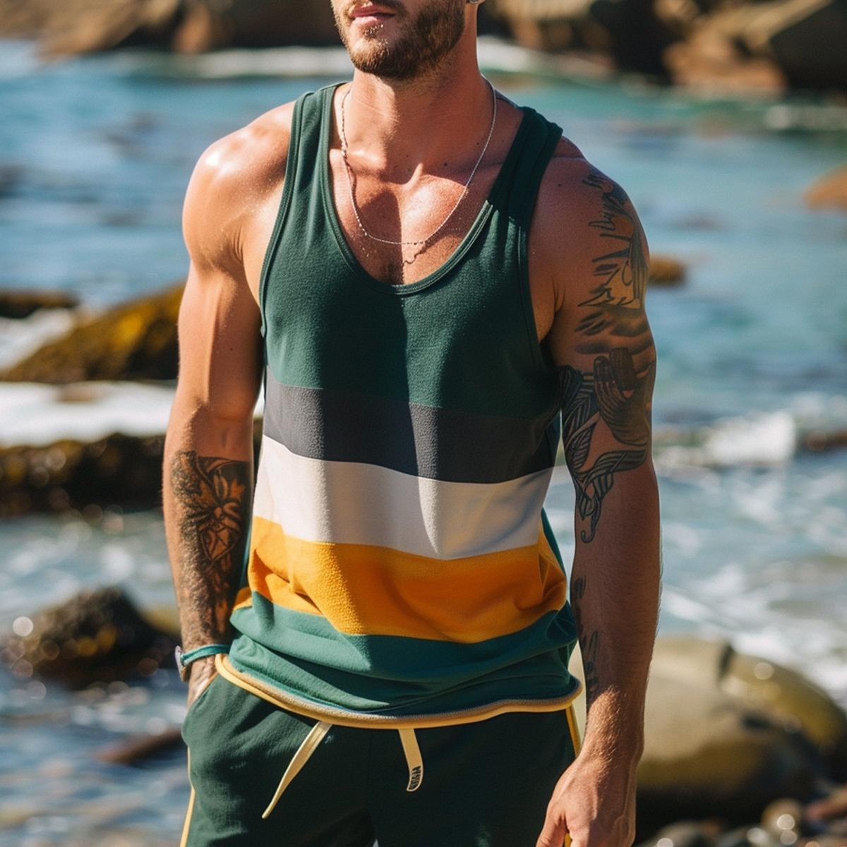 Men's Vacation Tank Top Green Stripes Crew Neck Muscle Tee