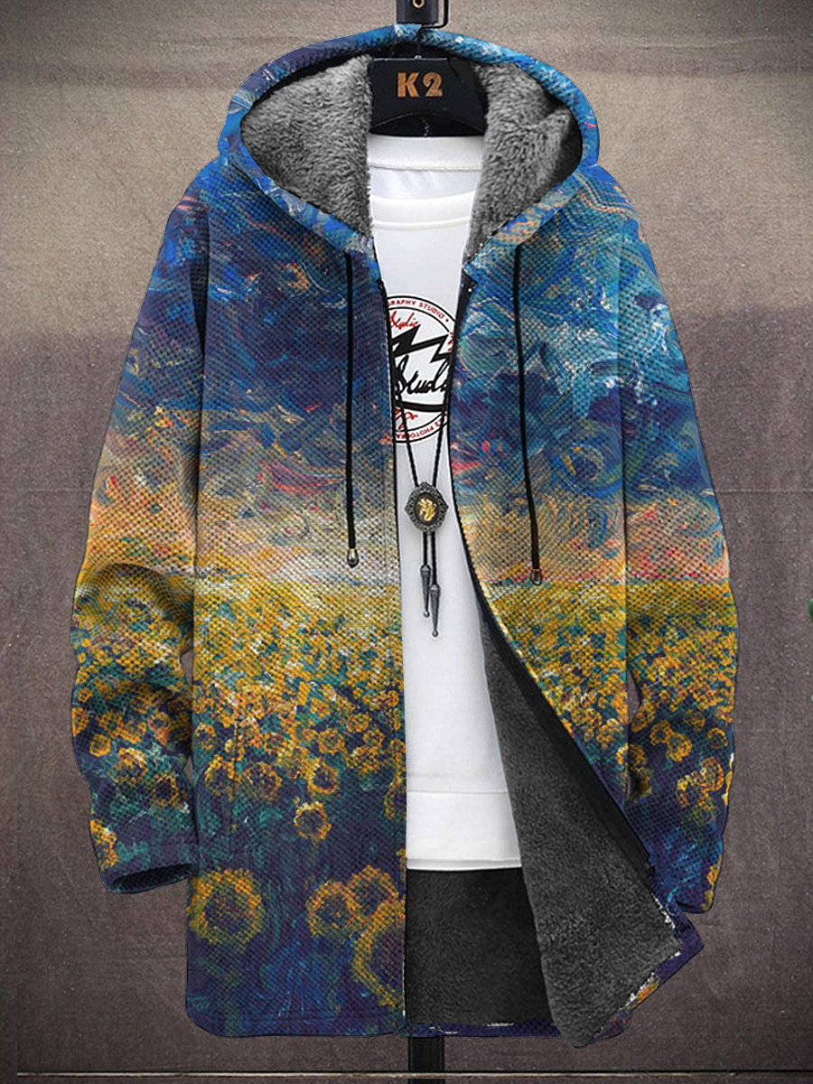 Men's Art Van Gogh Painting Print Hooded Two-Pocket Fleece Cardigan Jacket