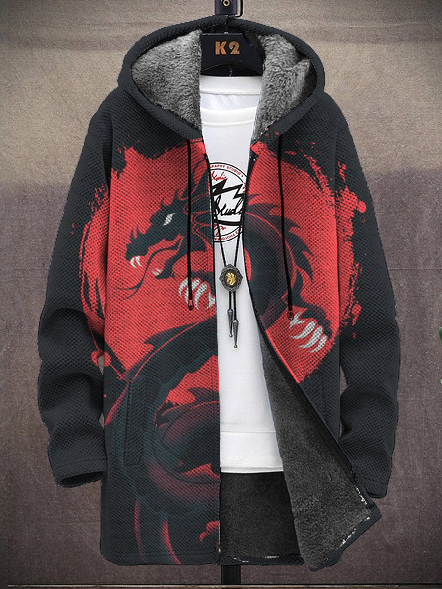 Men's Art Dragon Print Hooded Two-Pocket Fleece Cardigan Jacket
