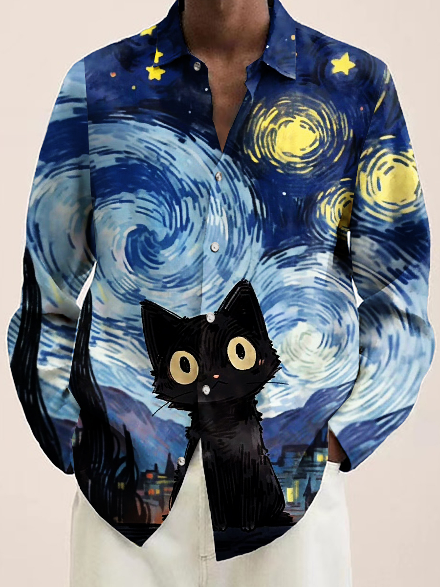 Men's Cat Under The Stars Print Long Sleeve Shirt
