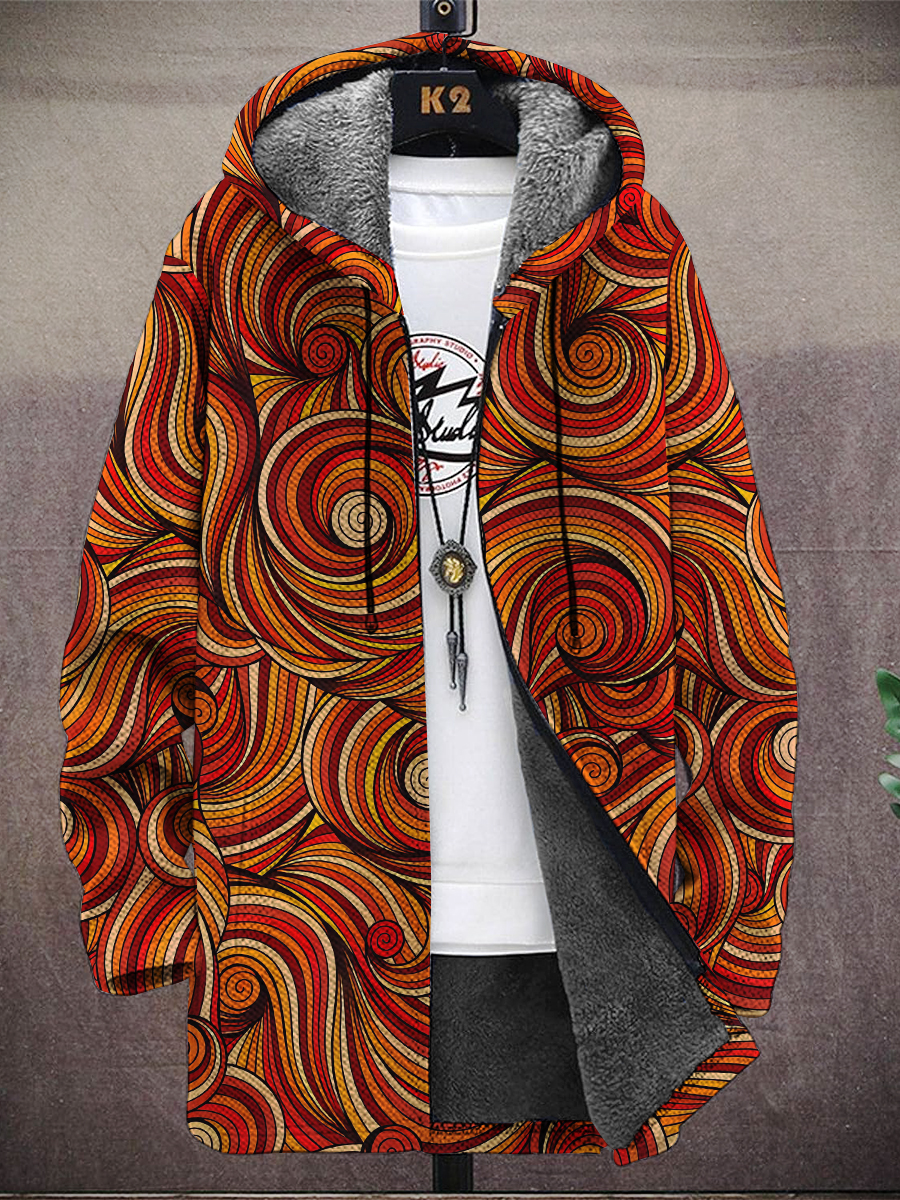 Men's Art Impressionism Pattern Print Hooded Two-Pocket Fleece Cardigan Jacket