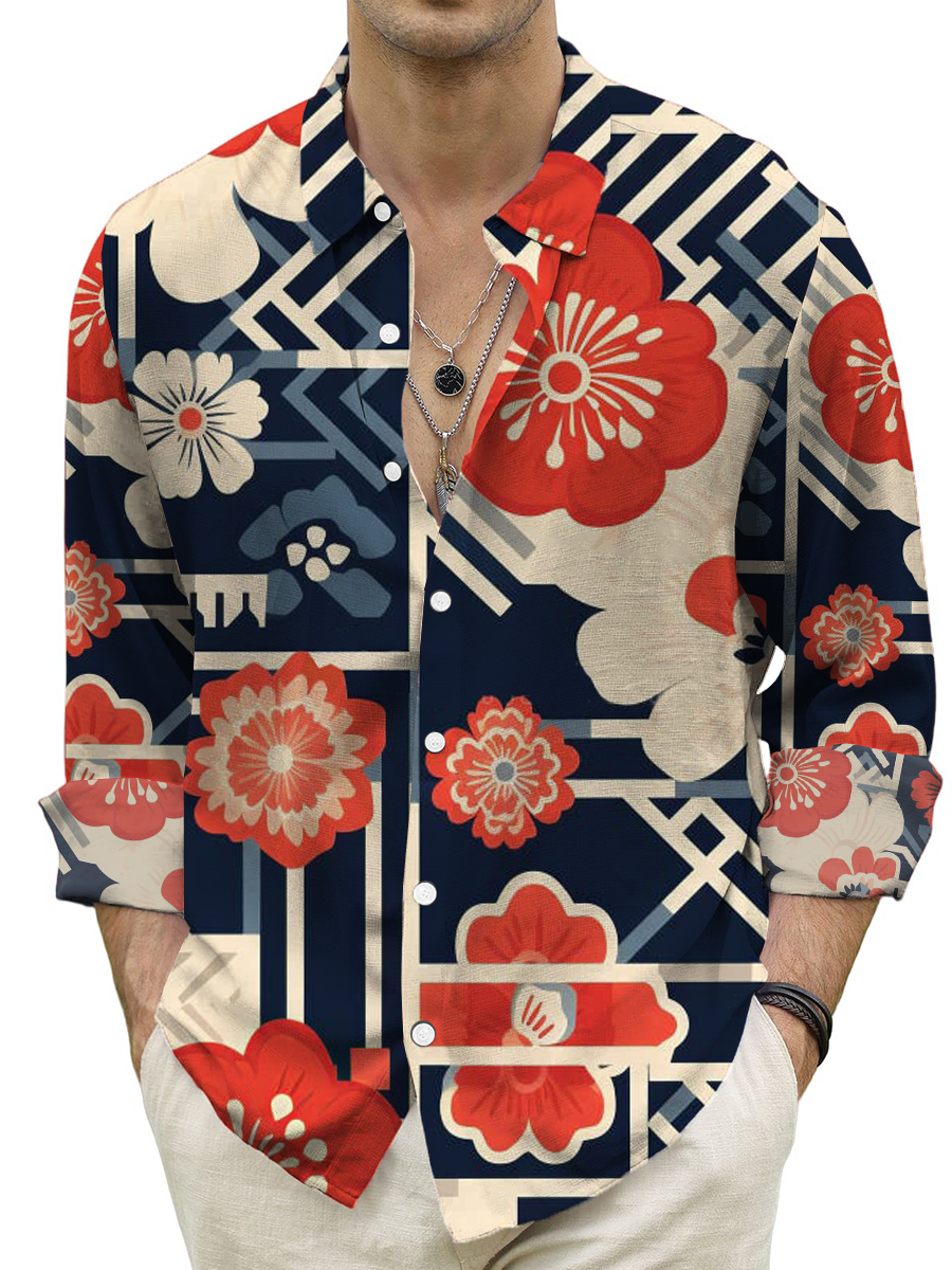 Men's Shirt Floral Colorblock Print Casual Long Sleeve Shirt