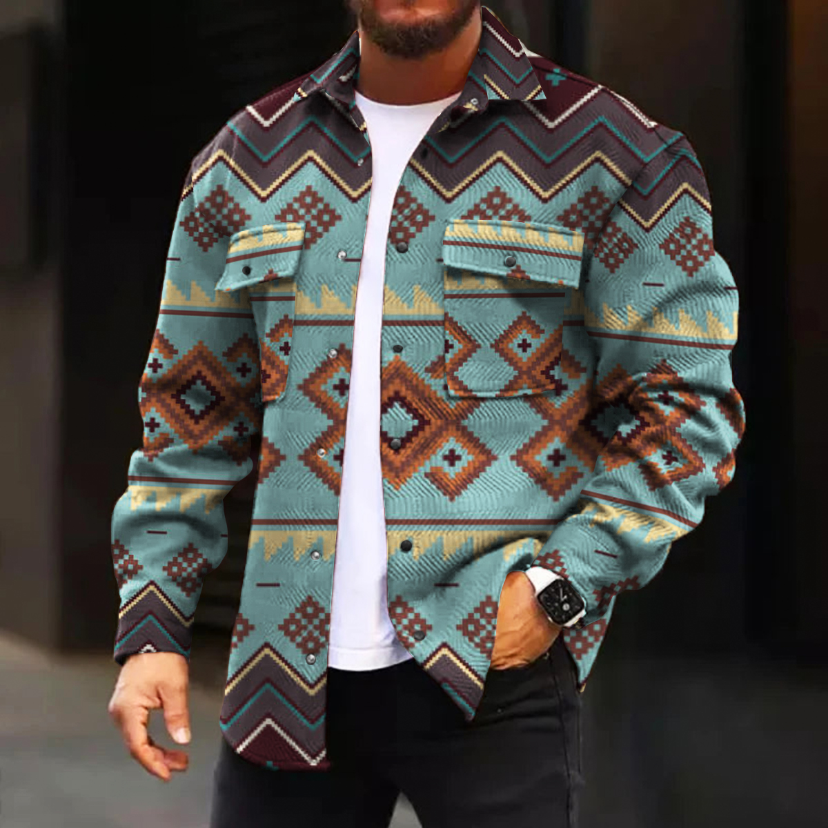 Men's Casual Jacket Bohemia Pattern Print Long Sleeve Pockets Jacket