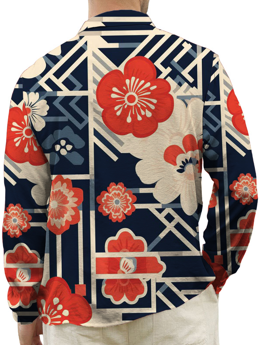 Men's Shirt Floral Colorblock Print Casual Long Sleeve Shirt