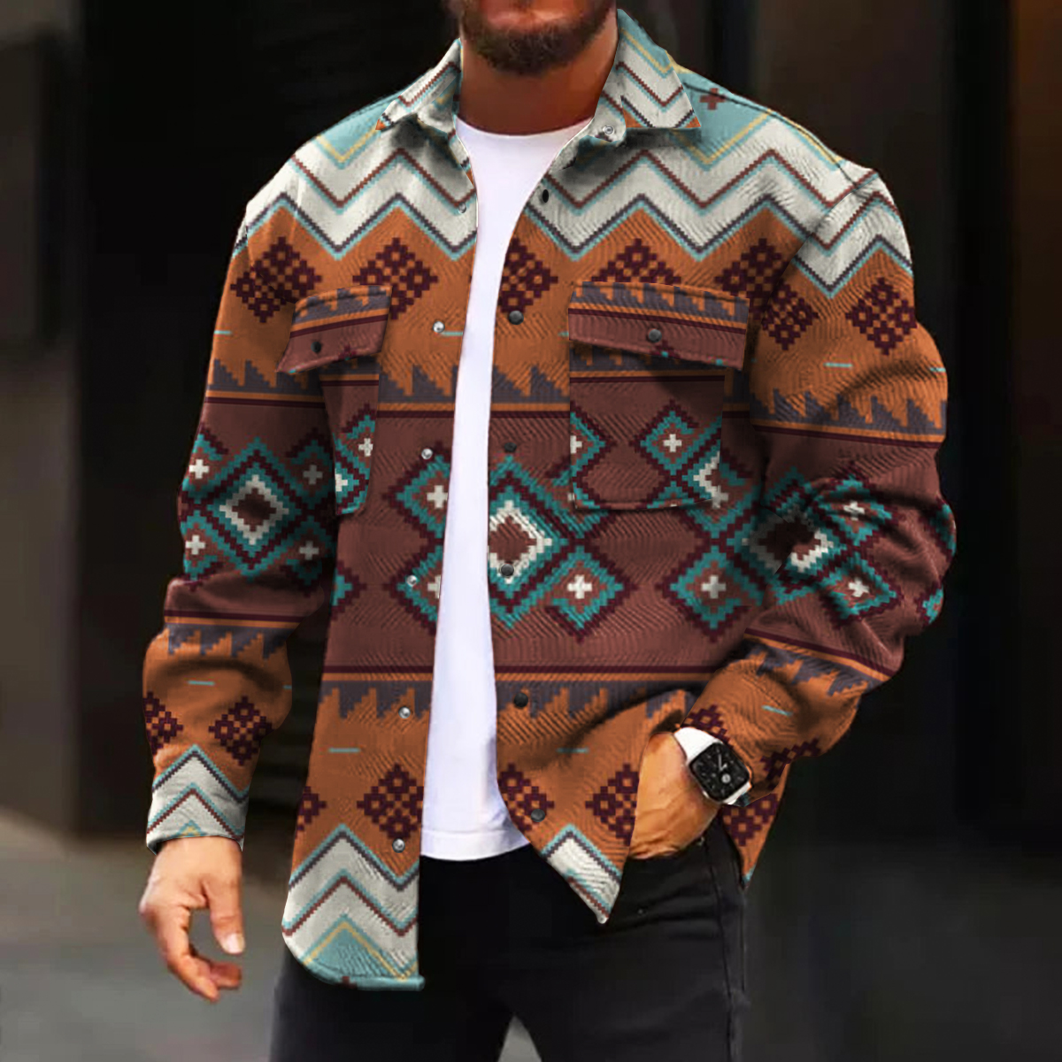Men's Casual Jacket Bohemia Pattern Print Long Sleeve Pockets Jacket