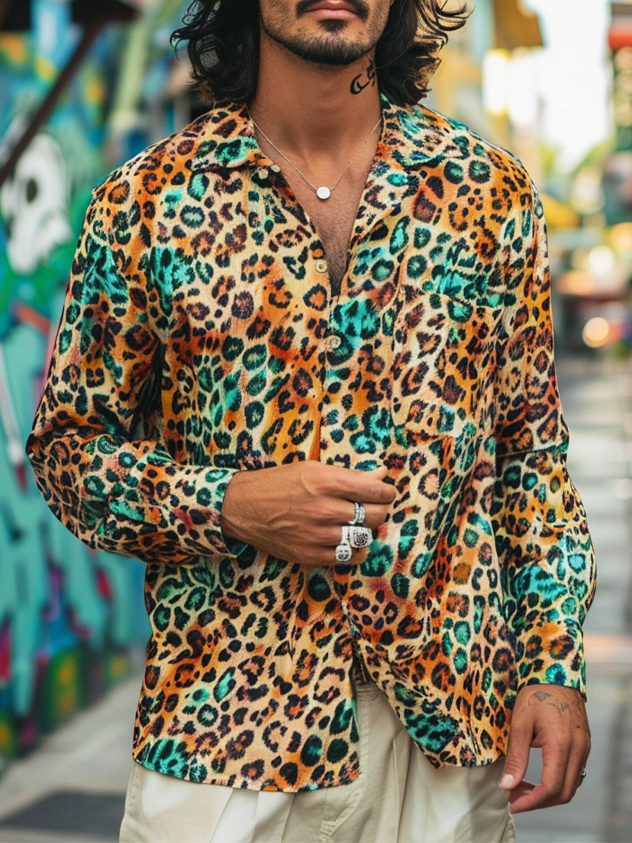 Men's Retro Multicolor Leopard Plus Size Long Sleeve Shirts