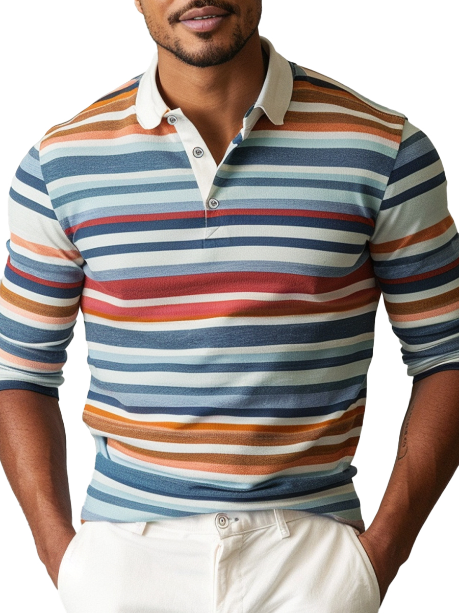 Men's Fall Basic Stripes Long Sleeve Polo Shirt