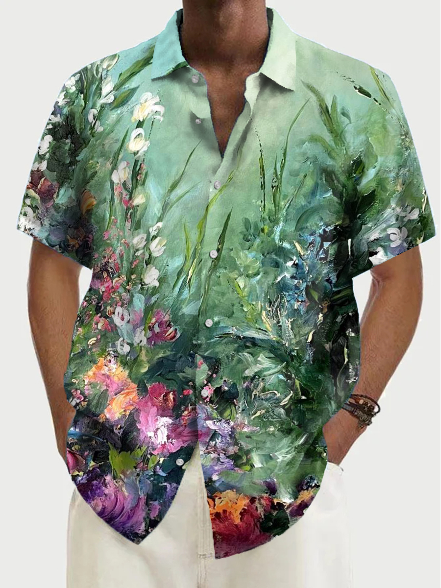 Men's Oil Painting Floral Short Sleeve Casual Shirt