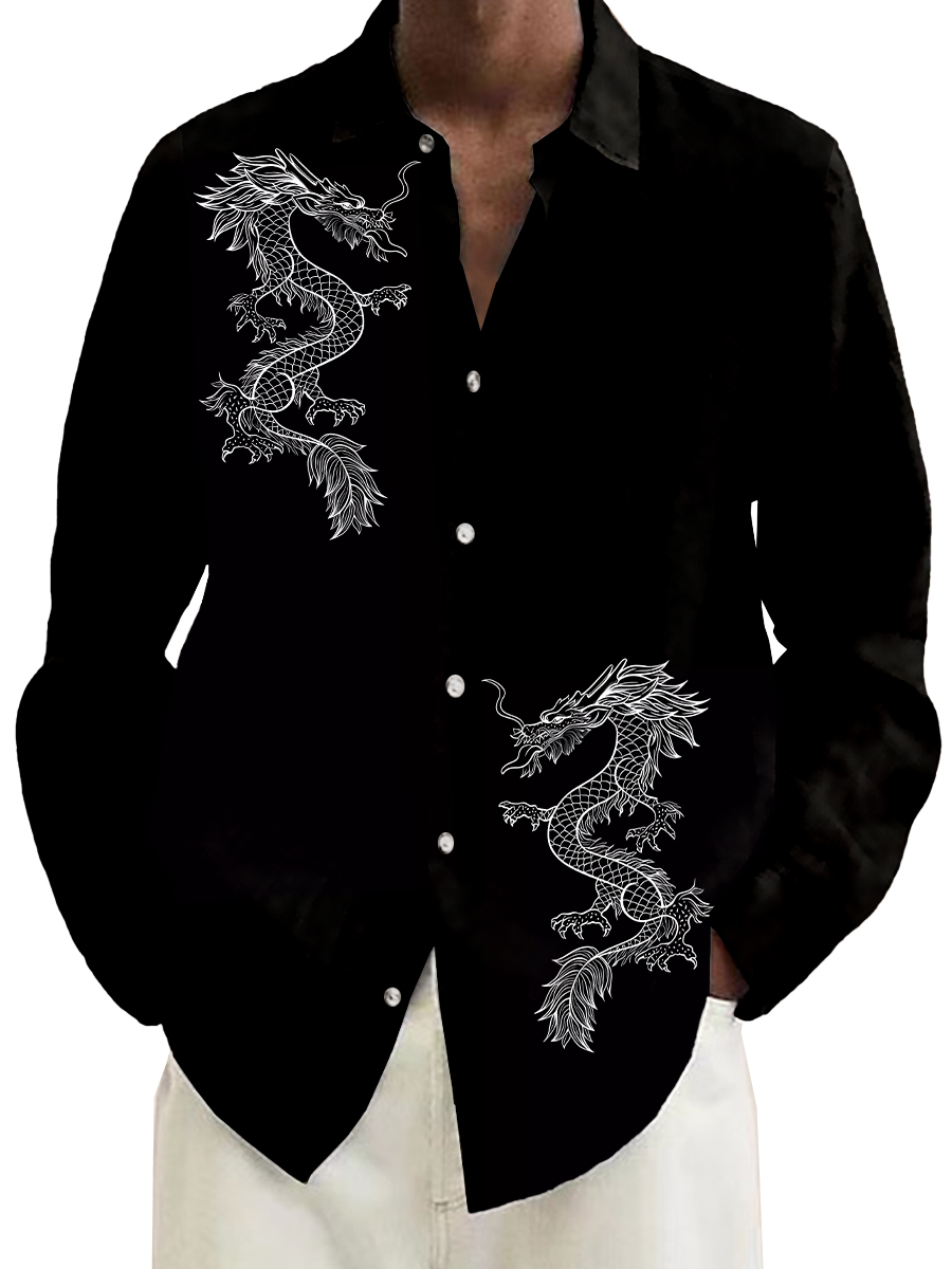 Men's Hawaiian Shirt Japanese Style Dragon Print Long Sleeve Shirt