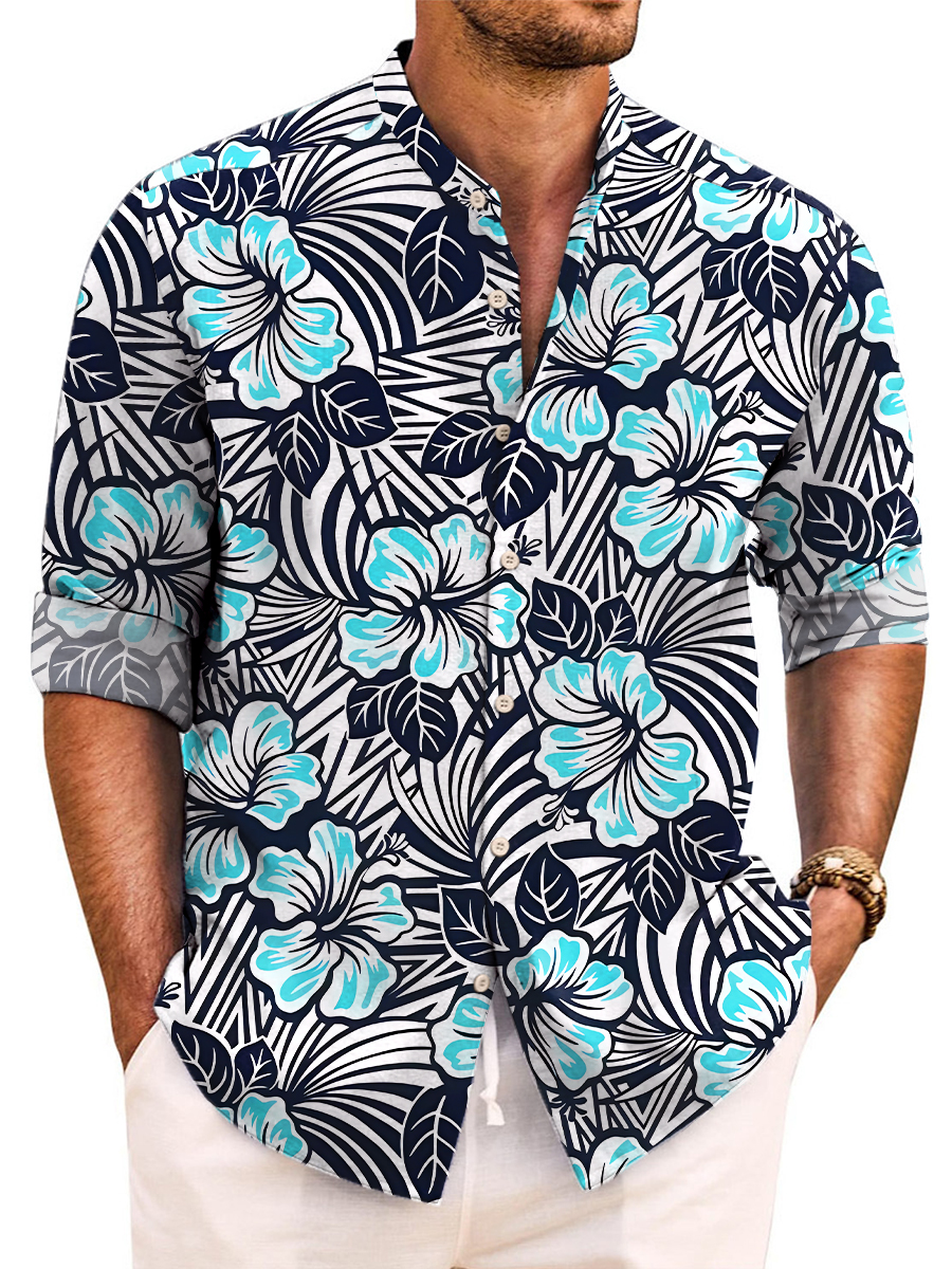 Hawaiian Tropical Garden Hibiscus Print Easy Care Aloha Long Sleeve Shirts