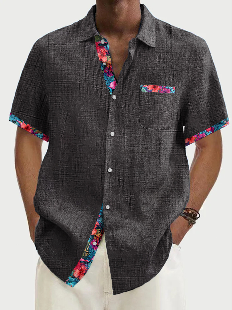 Men's Cotton-Linen Shirts Summer Hibiscus Patchwork Lightweight Hawaiian Shirts