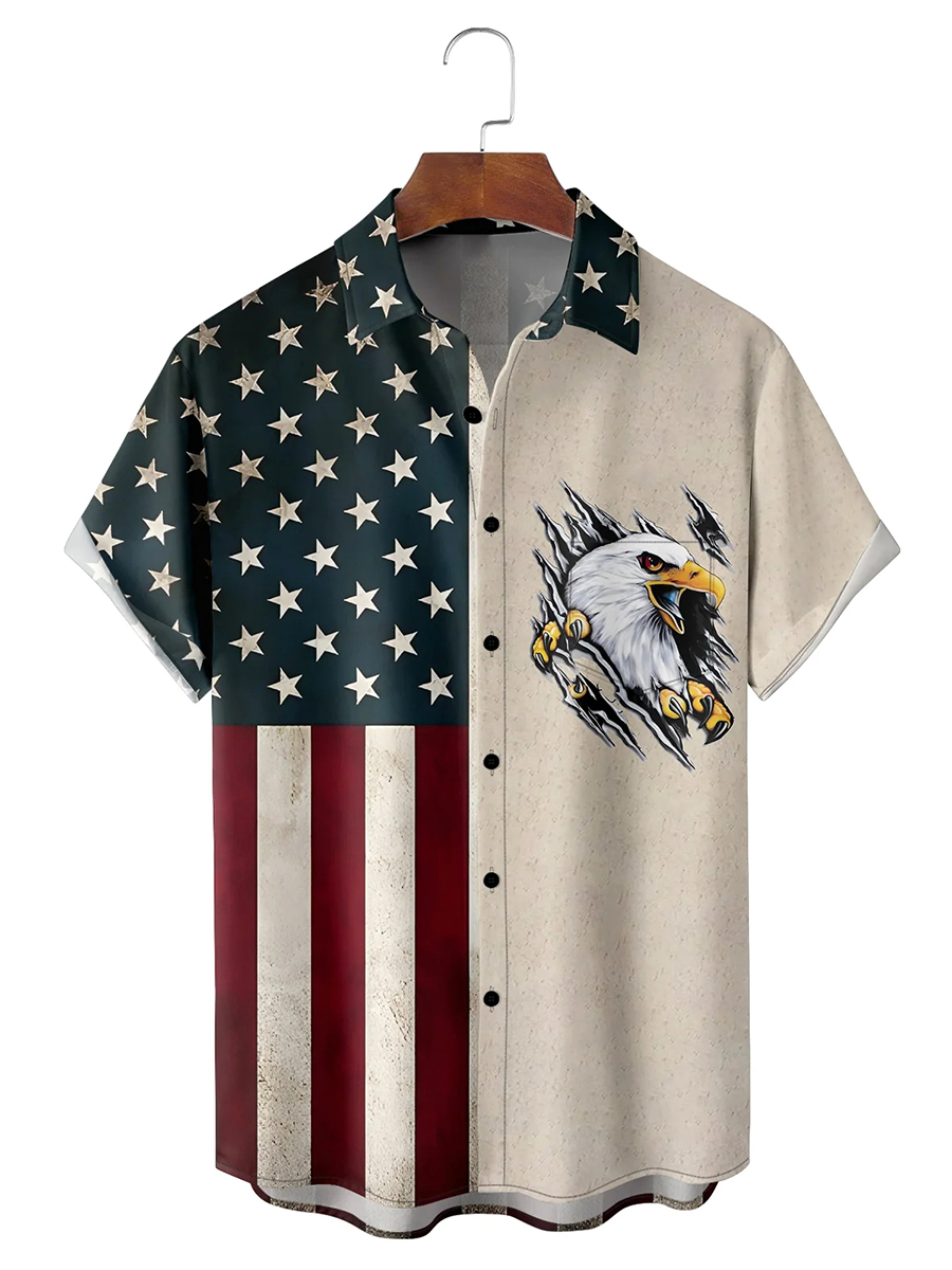 Moisture-wicking Memorial Day American Flag American Eagle Chest Pocket Casual Shirt