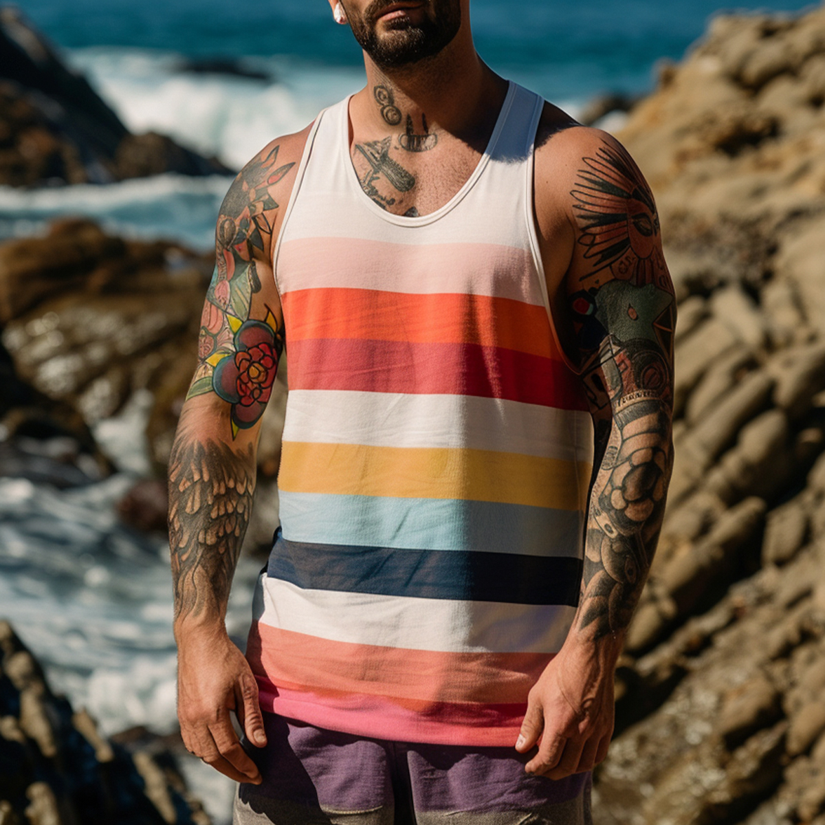 Men's Vacation Tank Top Multicolor Stripes Crew Neck Tee