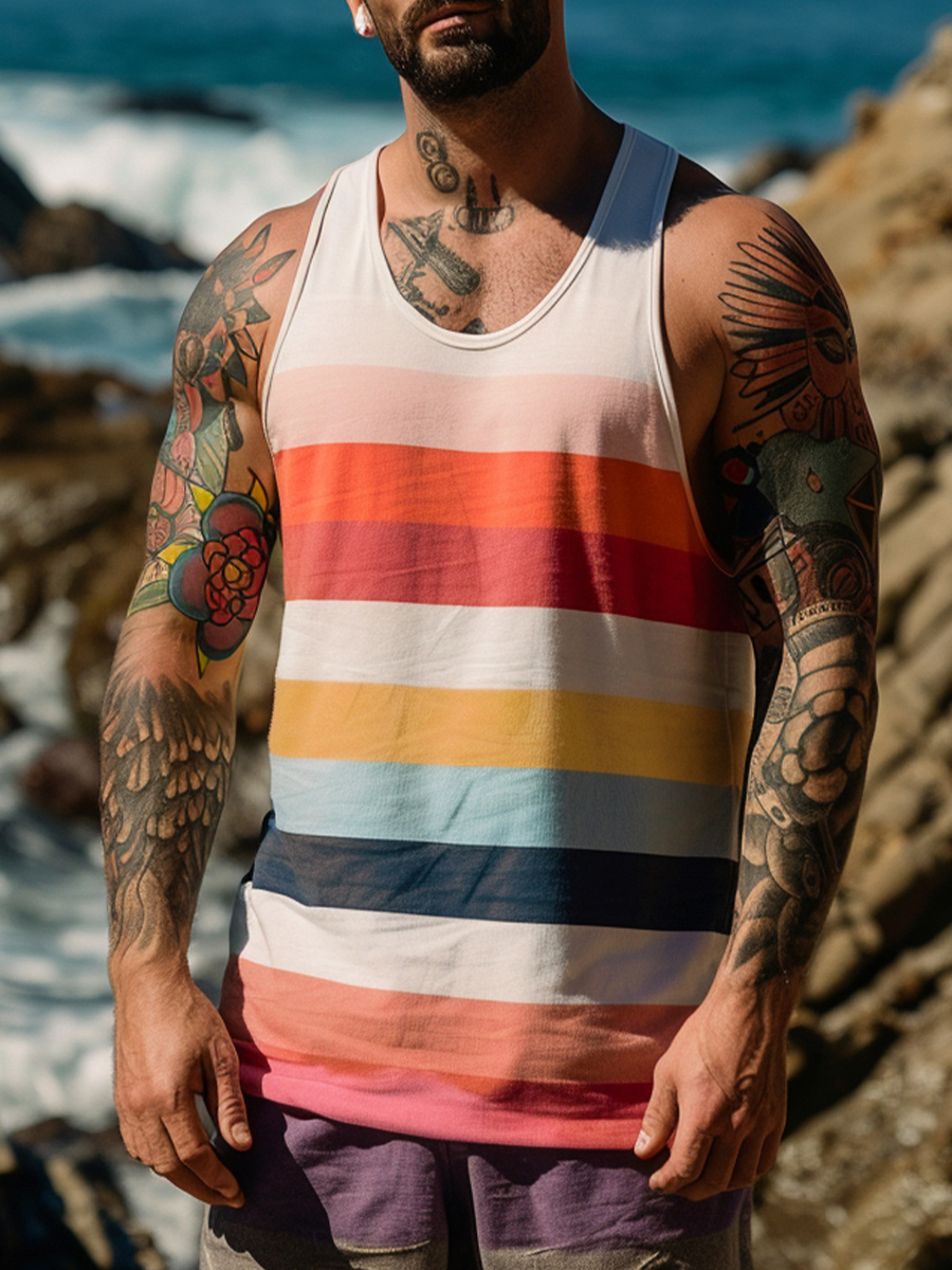 Men's Vacation Tank Top Multicolor Stripes Crew Neck Tee