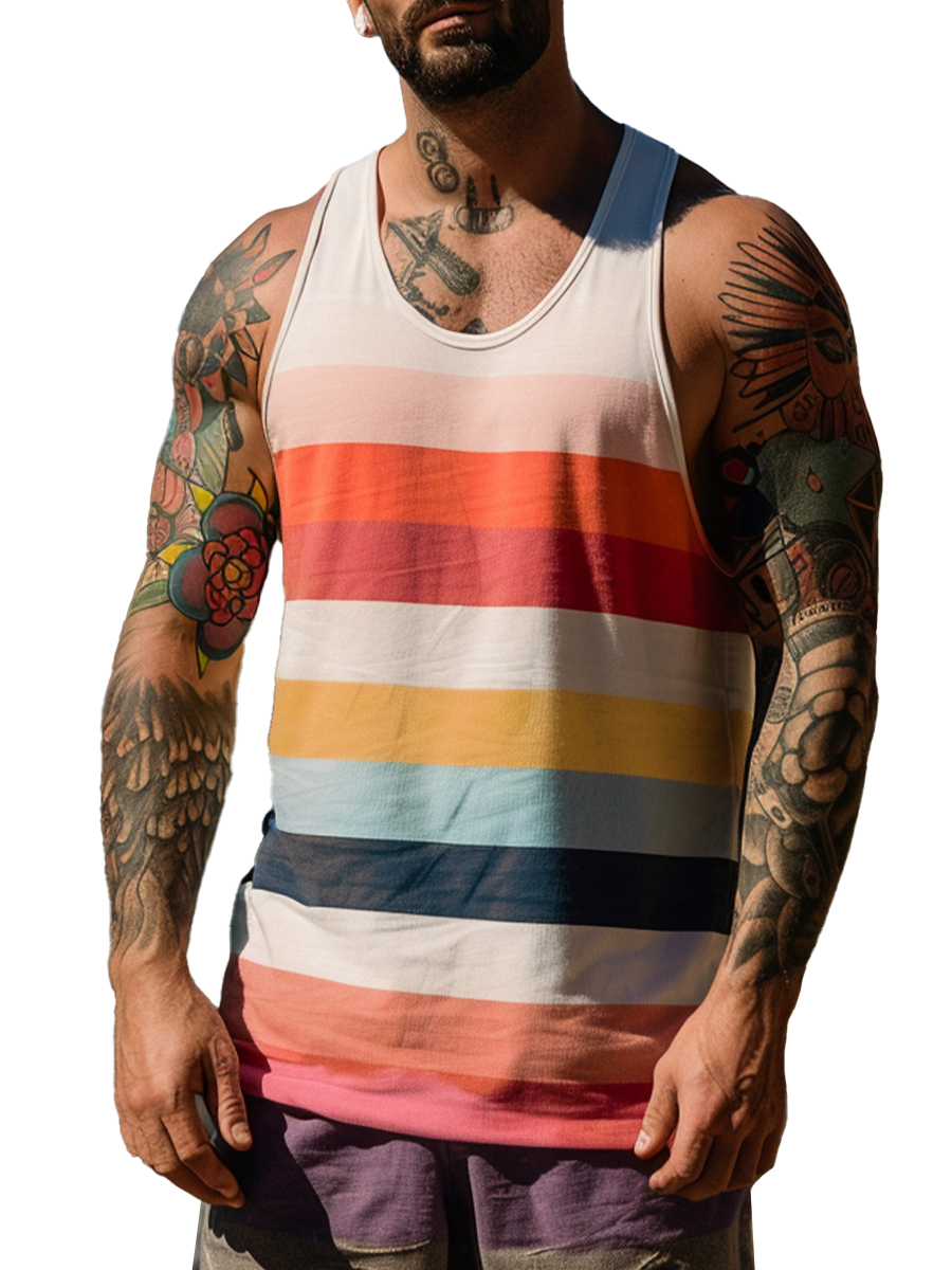 Men's Vacation Tank Top Multicolor Stripes Crew Neck Tee