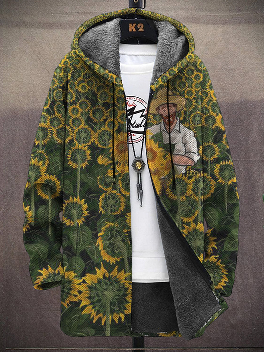 Men's Art Van Gogh And Sunflower Print Hooded Two-Pocket Fleece Cardigan Jacket