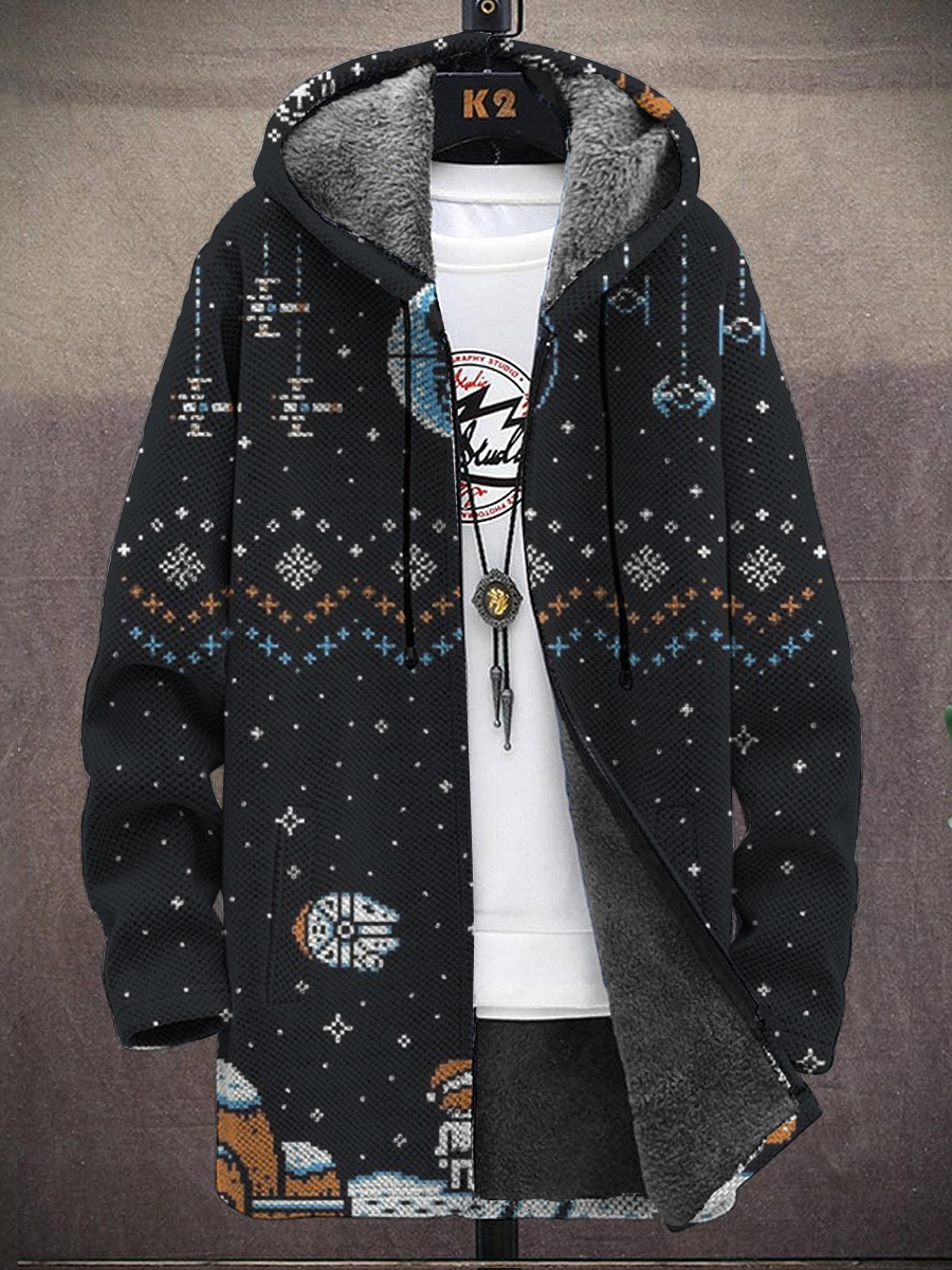 Men's Christmas Art Design Print Hooded Two-Pocket Fleece Cardigan Jacket