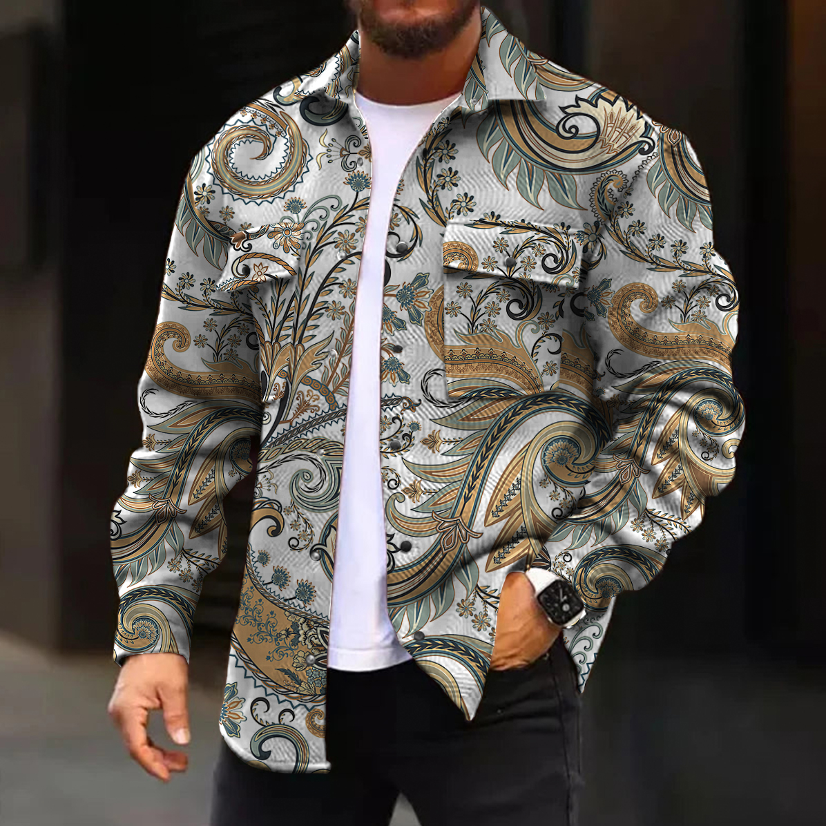Men's Casual Jacket Fashion Art Paisley Printed Long Sleeve Pocket Jacket
