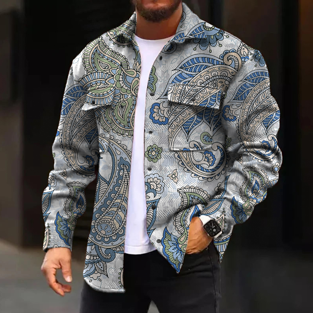 Men's Casual Jacket Fashion Art Paisley Printed Long Sleeve Pocket Jacket