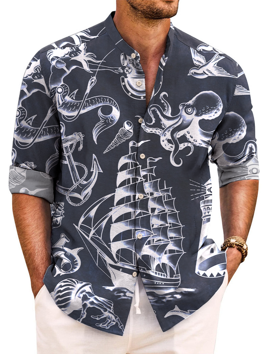 Vintage Hawaiian Shirts Nautical Mermaid Boat Easy Care Aloha Long Sleeve Shirts