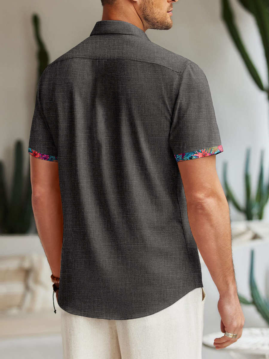 Men's Cotton-Linen Shirts Summer Hibiscus Patchwork Lightweight Hawaiian Shirts