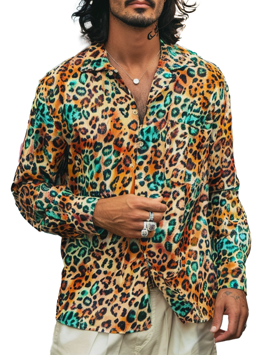Men's Retro Multicolor Leopard Plus Size Long Sleeve Shirts