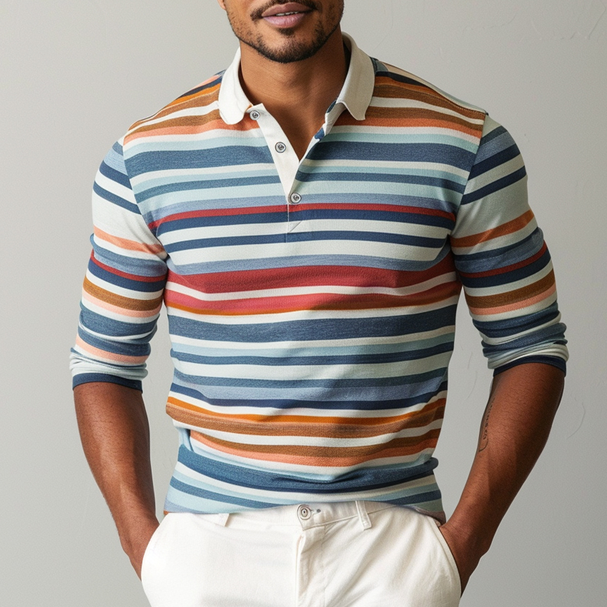 Men's Fall Basic Stripes Long Sleeve Polo Shirt