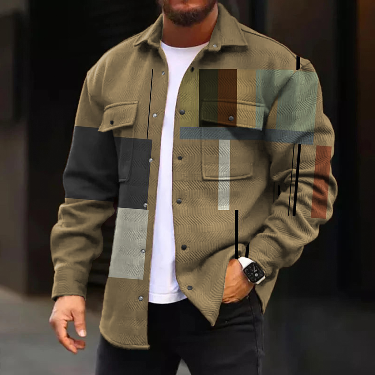 Men's Casual Jacket Retro Colorblock Pattern Long Sleeve Pockets Shirt Jacket