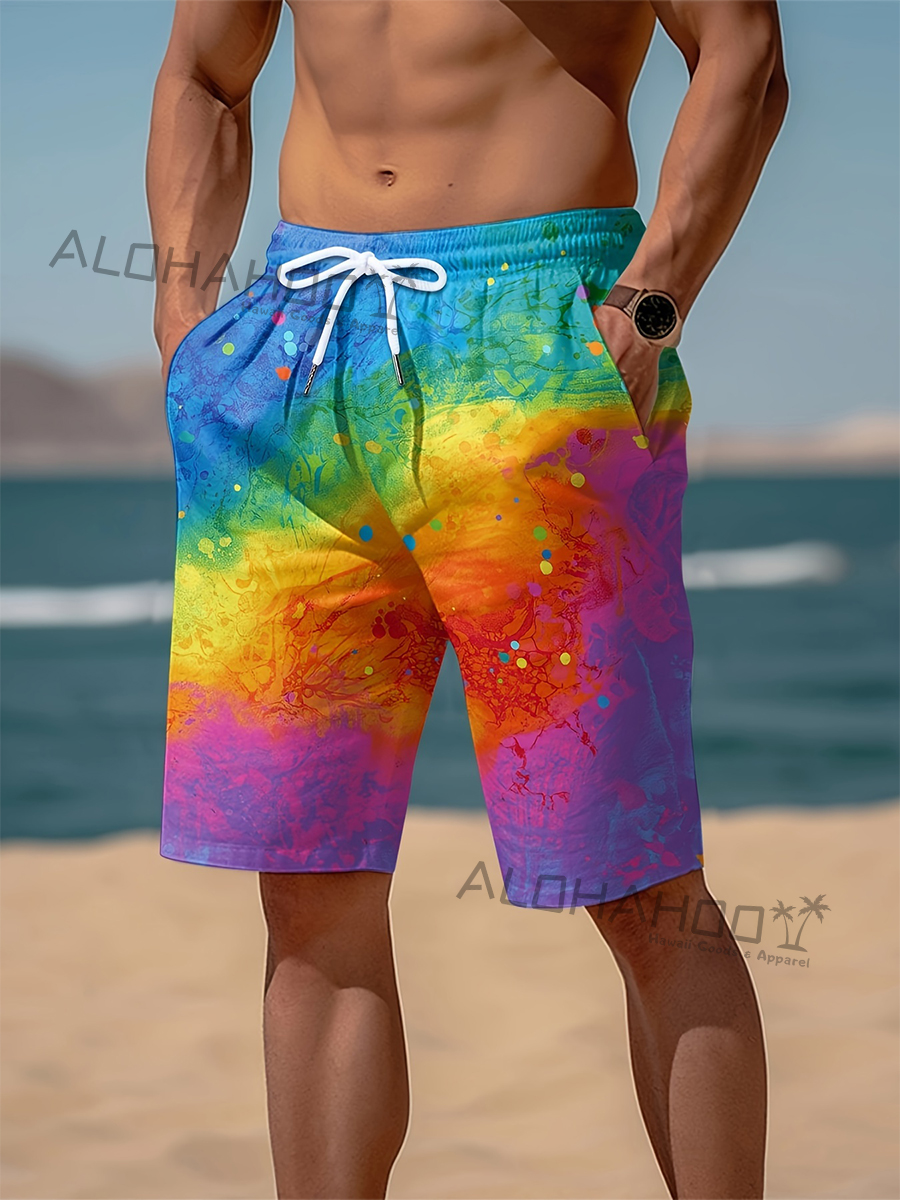 Men's Hawaiian Rainbow Art Pattern Beach Shorts