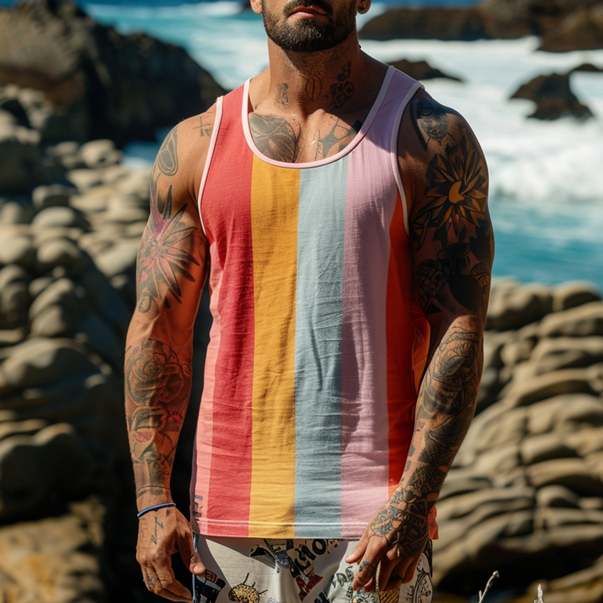 Men's Vacation Tank Top Pink Stripes Crew Neck Muscle Tee