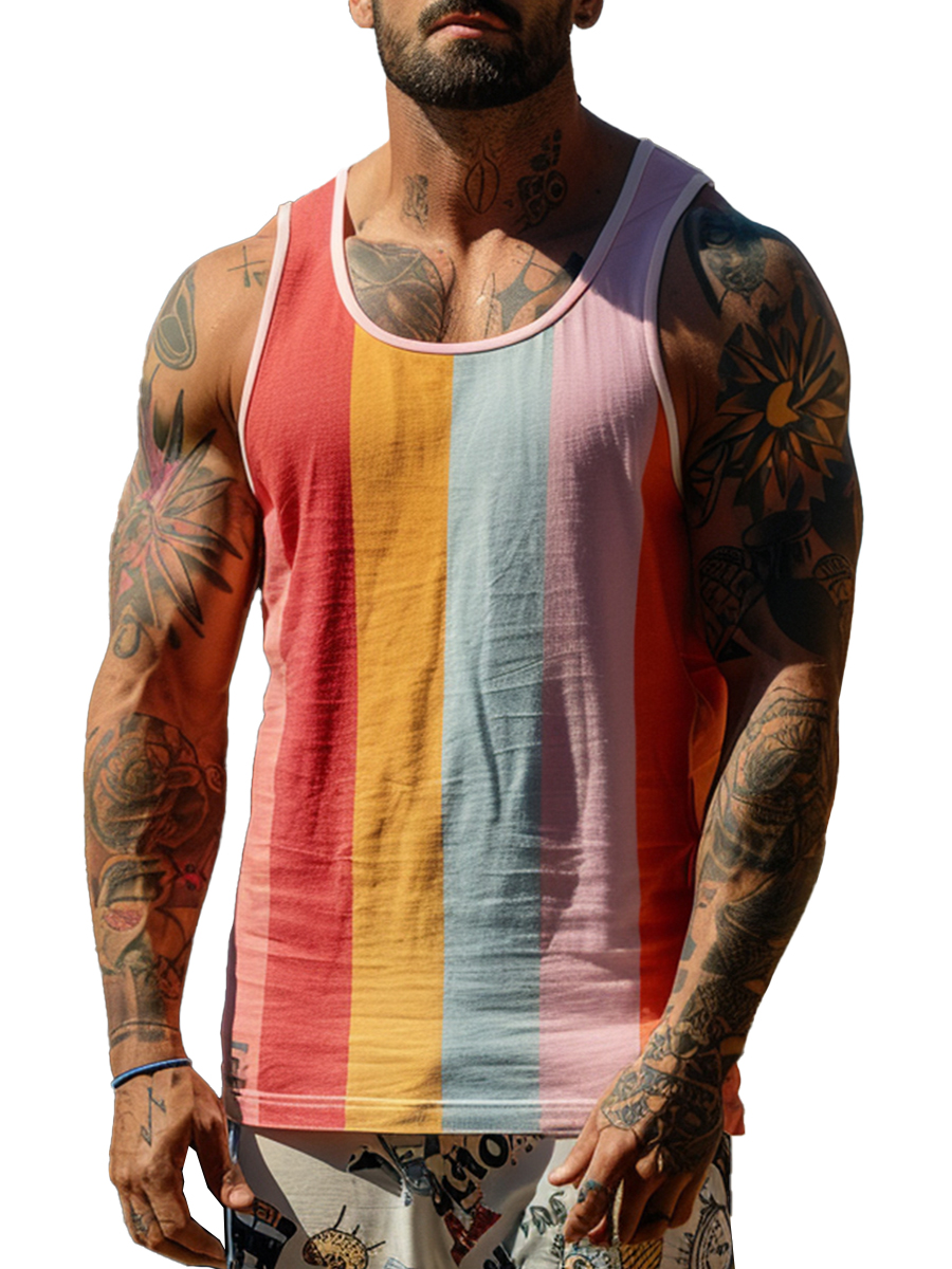 Men's Vacation Tank Top Pink Stripes Crew Neck Muscle Tee