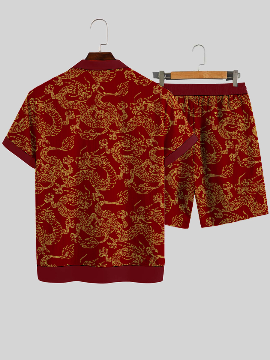 Men's Sets Hawaiian Dragon Print Button Pocket Two-Piece Shirt Shorts Set