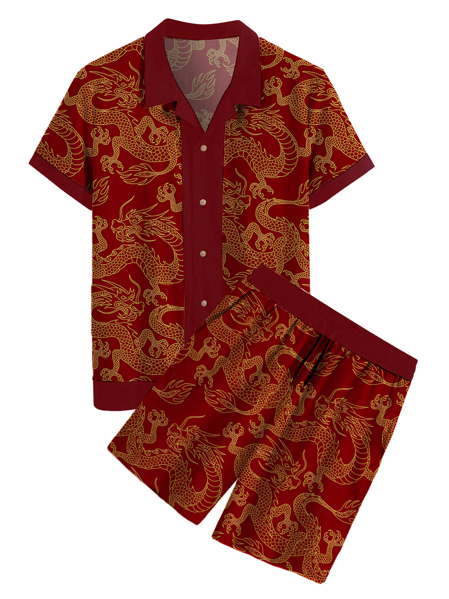 Men's Sets Hawaiian Dragon Print Button Pocket Two-Piece Shirt Shorts Set