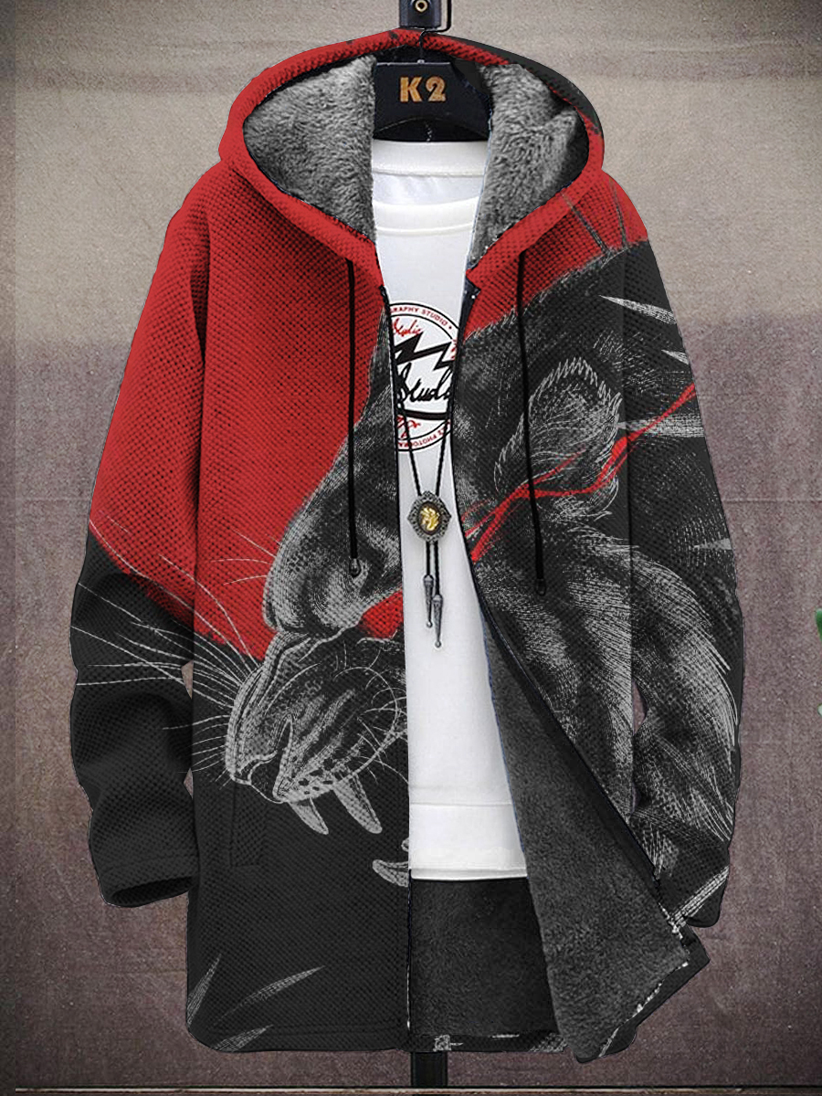 Men's Art Tiger Print Hooded Two-Pocket Fleece Cardigan Jacket