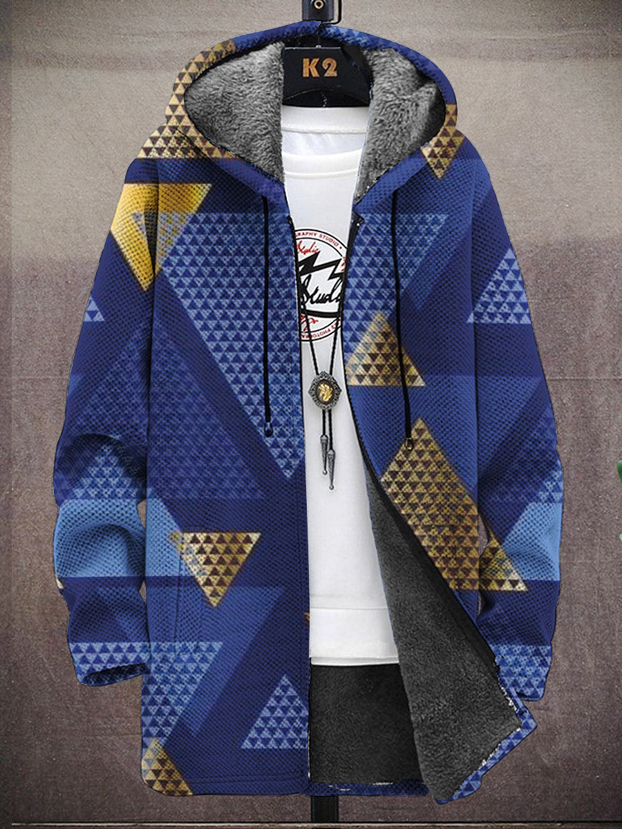 Men's Abstract Pattern Print Hooded Two-Pocket Fleece Cardigan Jacket