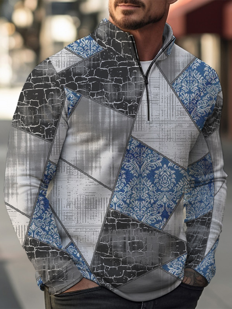 Retro Geometric Splicing Print Casual Zip Long Sleeve Sweater