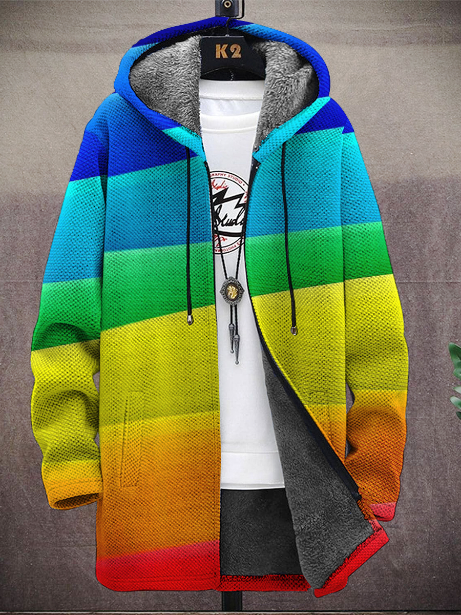 Men's Cardigan Rainbow Color Stripes Print Hooded Two-Pocket Fleece Jacket