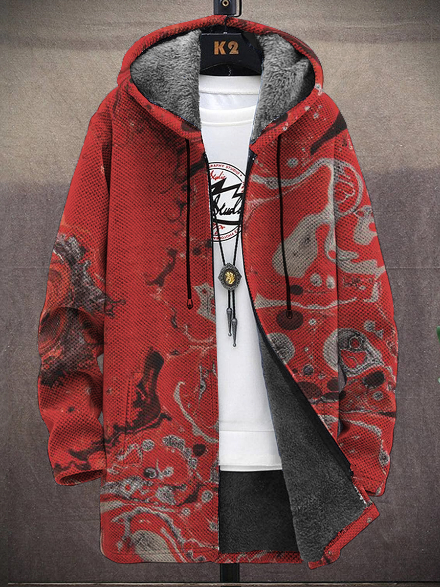 Men's Art Pattern Print Hooded Two-Pocket Fleece Cardigan Jacket