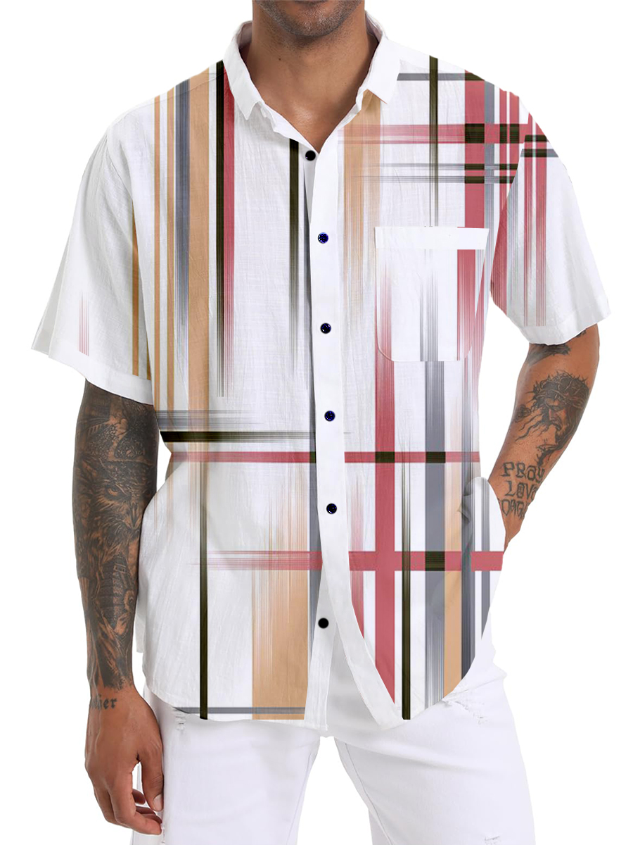 Men's Cotton-Linen Shirts Colorful Stripes Breathable Summer Lightweight Hawaiian Shirts