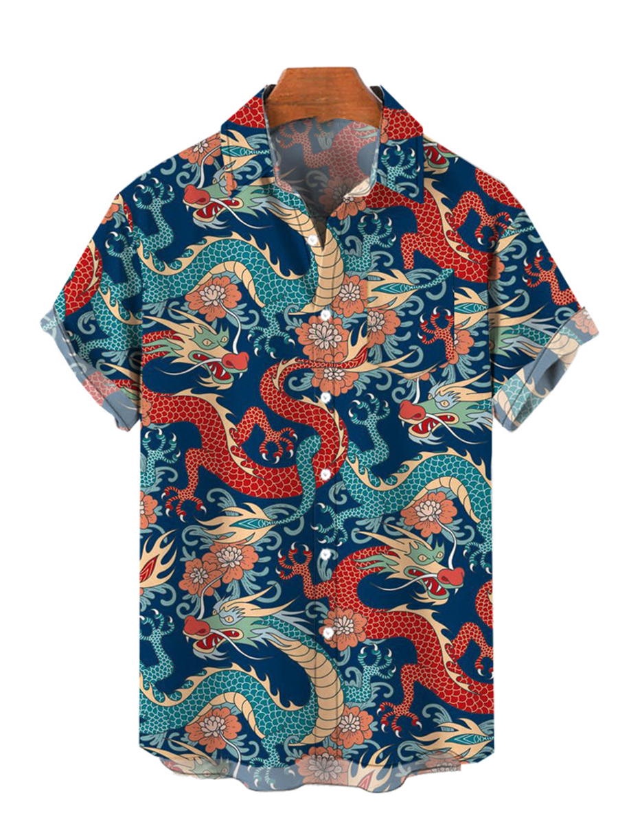 Men's Hawaiian Shirts Art Chinese Tropical Dragon Print Aloha Shirts