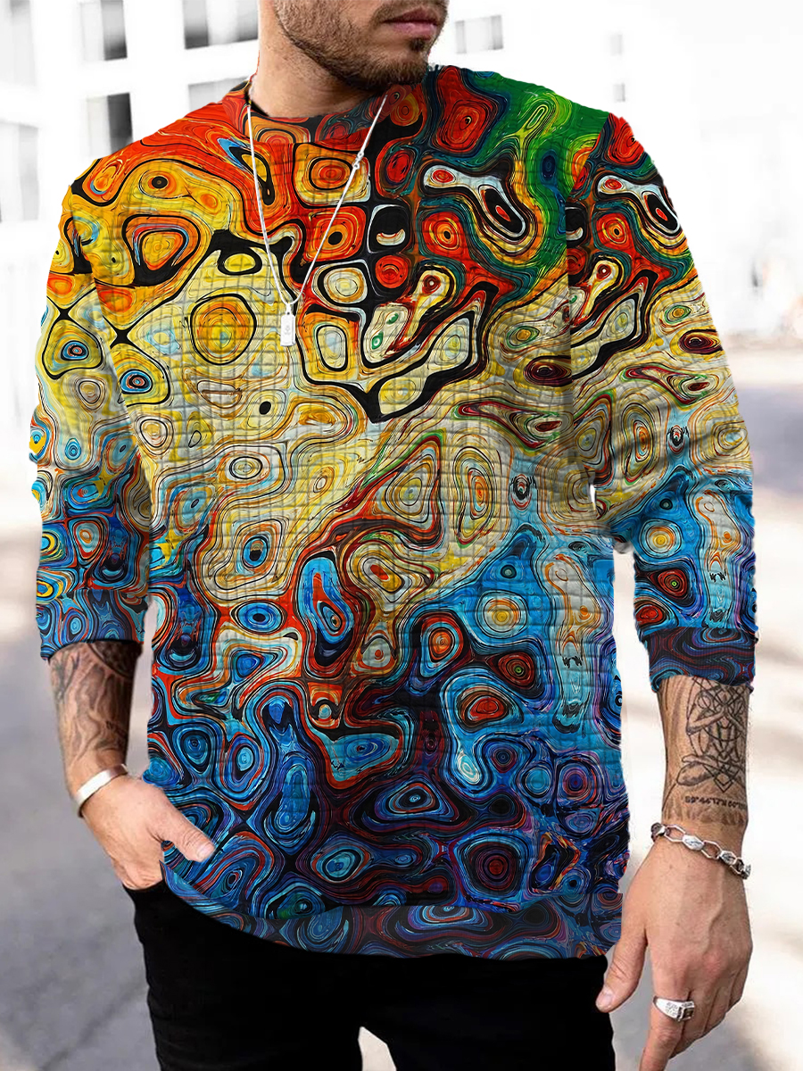 Men's Square Pattern Sweatshirt Rainbow Art Design Print Long Sleeve Sweatshirt